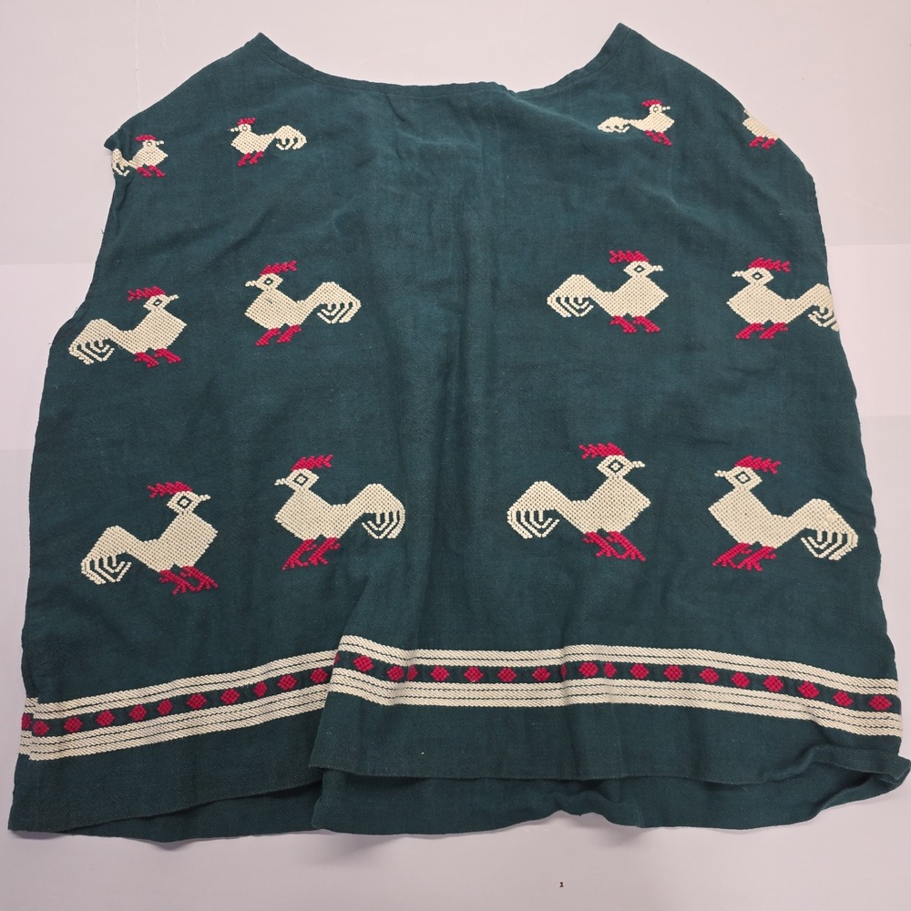 Vintage Style Teal Embroidered Rooster Sleeveless Blouse Boho Farmcore Top